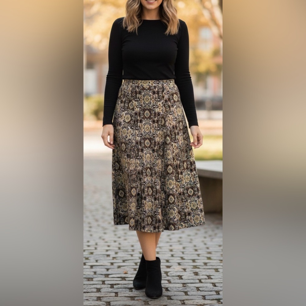 Emma James BOHO Peasant Brown Multicolor Cottage A Line Midi Skirt Size Medium - Picture 2 of 9